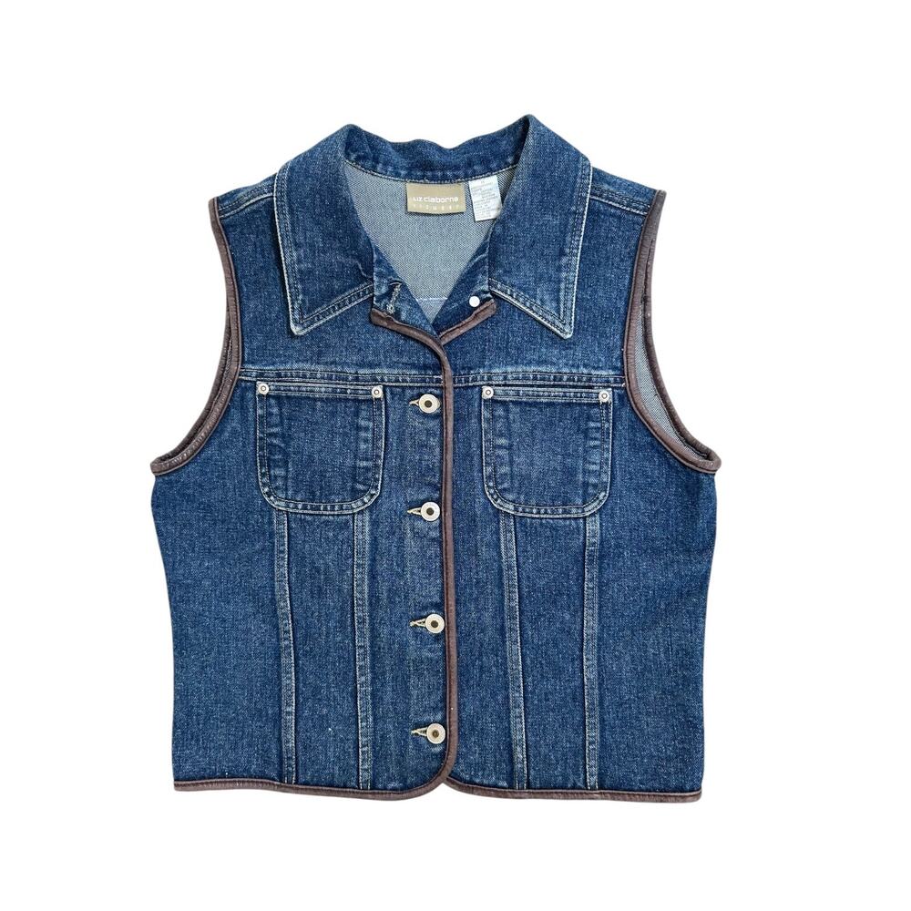 Vintage 90s Liz Claiborne Blue Denim Vest Leather Trimmed M Grunge Preppy Boho